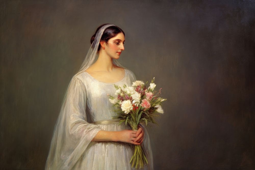 Bouquet in bride hand painting art portrait.