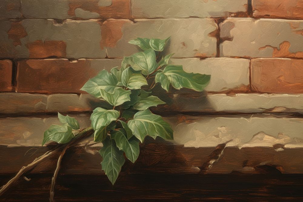 Green leaf on brick wall painting art architecture.