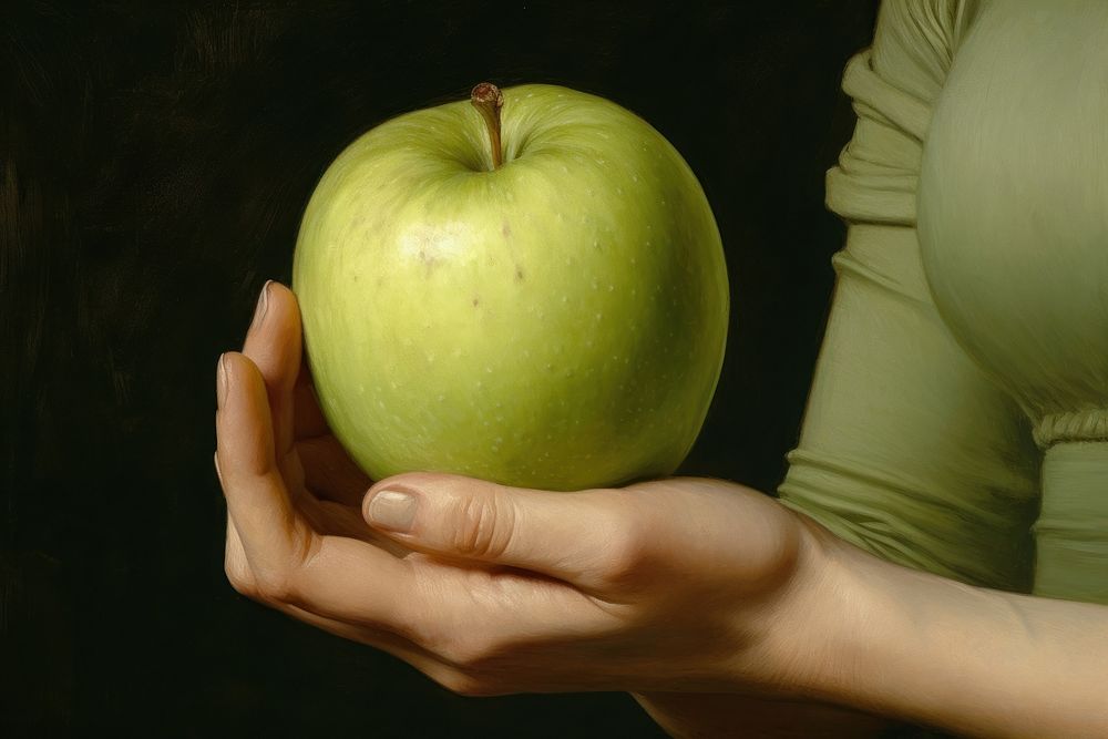 Hand and green apple painting fruit plant.