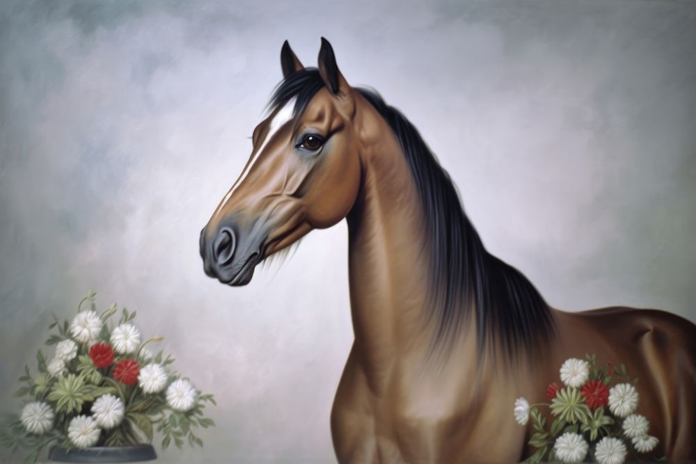 Horse and flowers painting stallion animal.