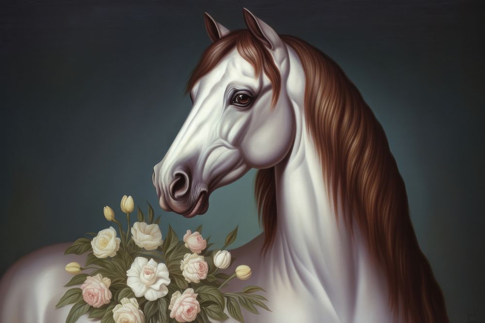 Horse face and flowers painting animal mammal.