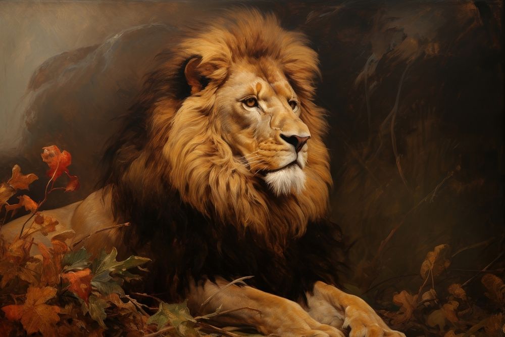 Lion wear crown painting wildlife animal.