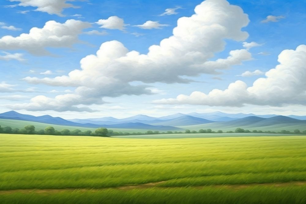 Green field and blue sky landscape outdoors horizon.