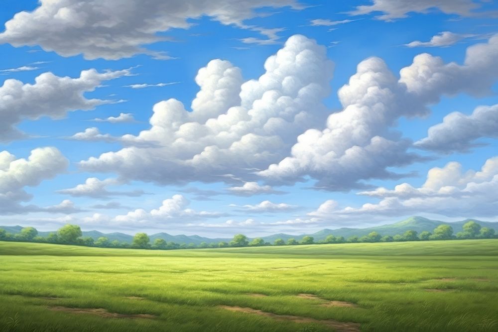Green field and blue sky landscape outdoors horizon.
