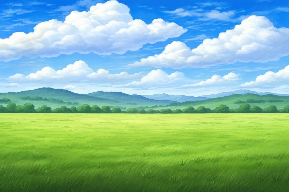 Green field and blue sky grassland landscape outdoors.