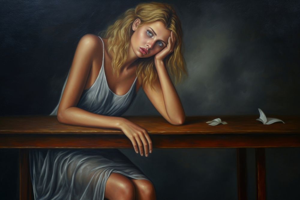 Sad woman painting portrait adult.