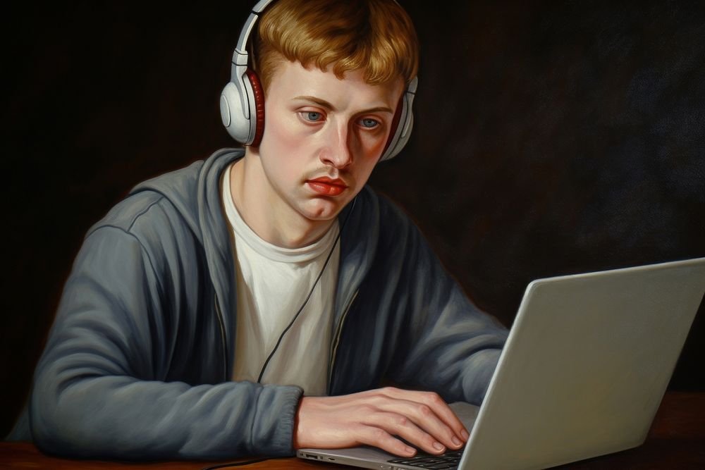 Student and laptop headphones computer portrait.