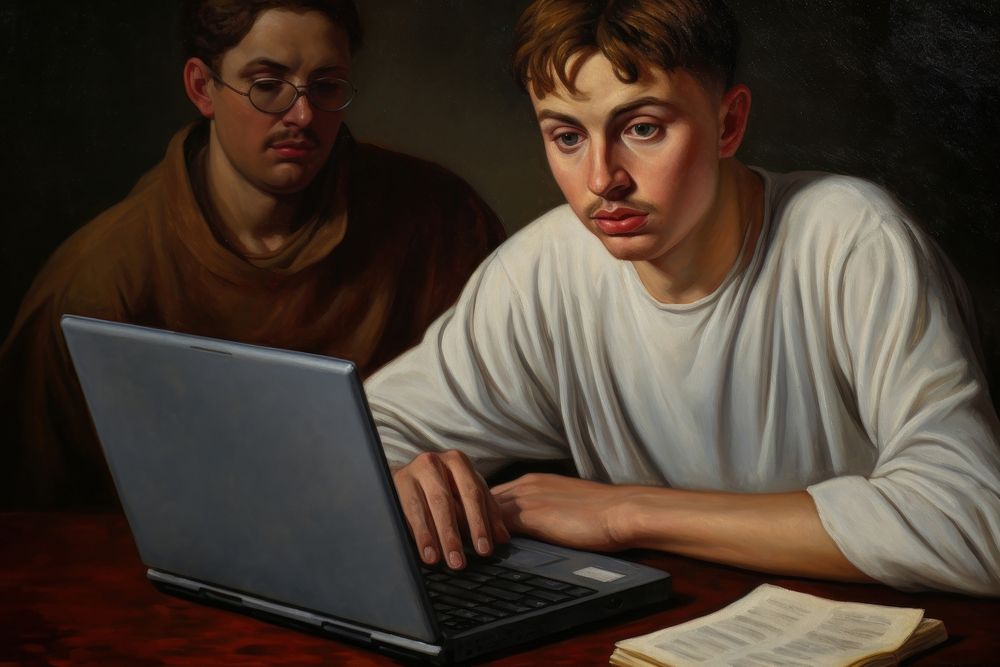 Student and laptop painting computer portrait.