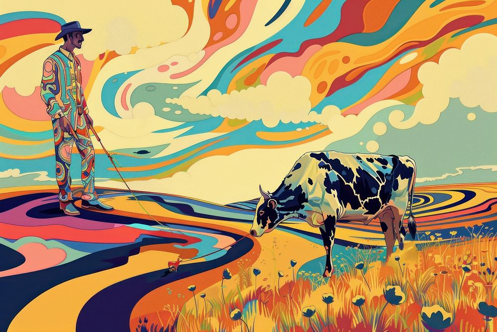 Country man tying a cow in the style of graphic novel painting art livestock.