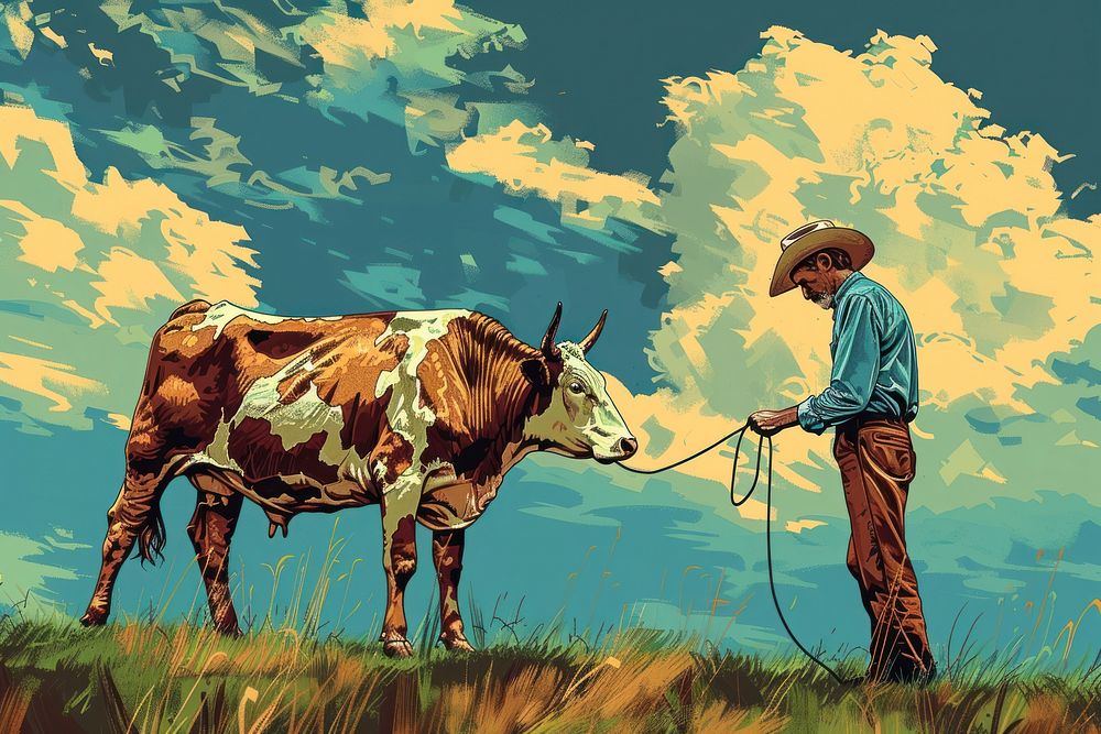 Country man tying a cow in the style of graphic novel livestock outdoors painting.