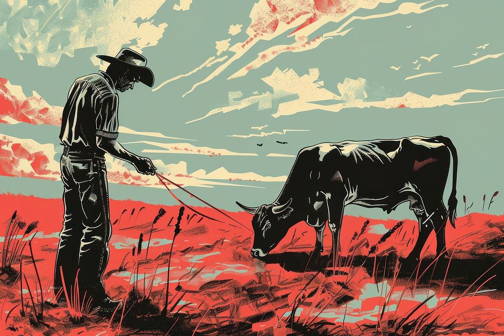 Country man tying a cow in the style of graphic novel livestock outdoors cartoon.