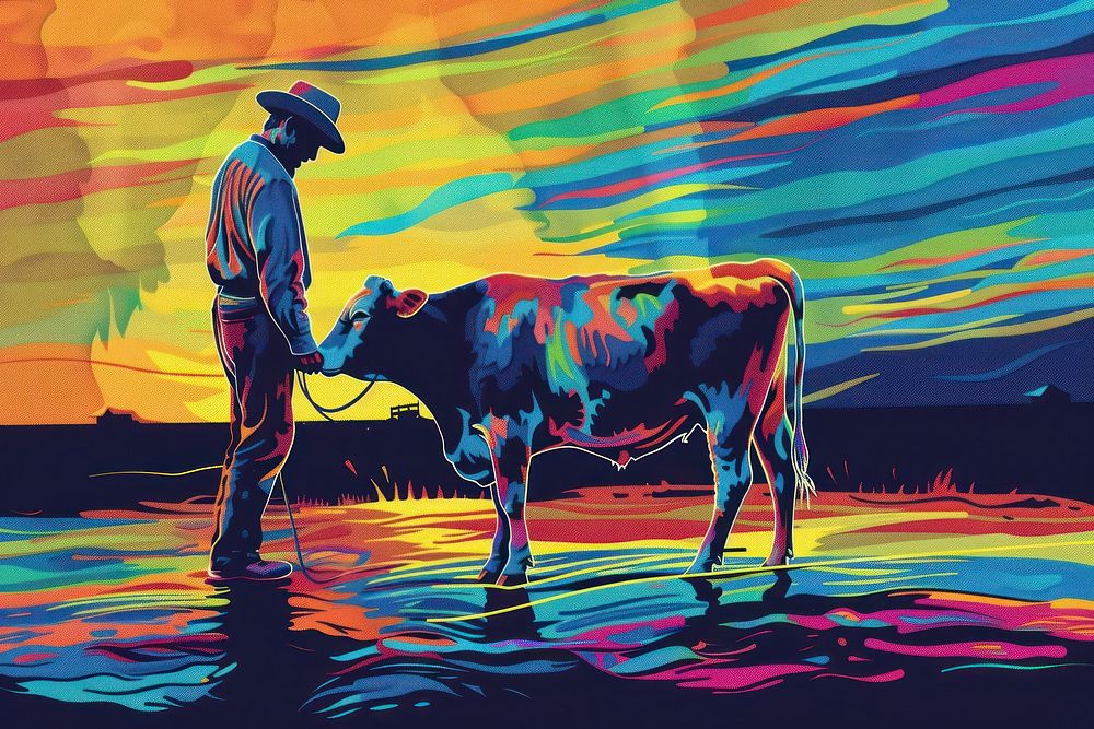 Country man tying a cow in the style of graphic novel art livestock painting.