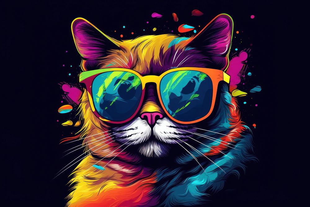 Cool rich successful hipster cat with sunglasses and cash moneyin the style of graphic novel graphics cartoon mammal.