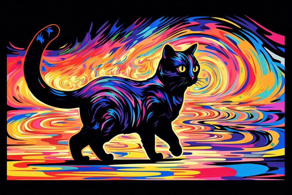Cat walking on computer in the style of graphic novel painting art graphics.