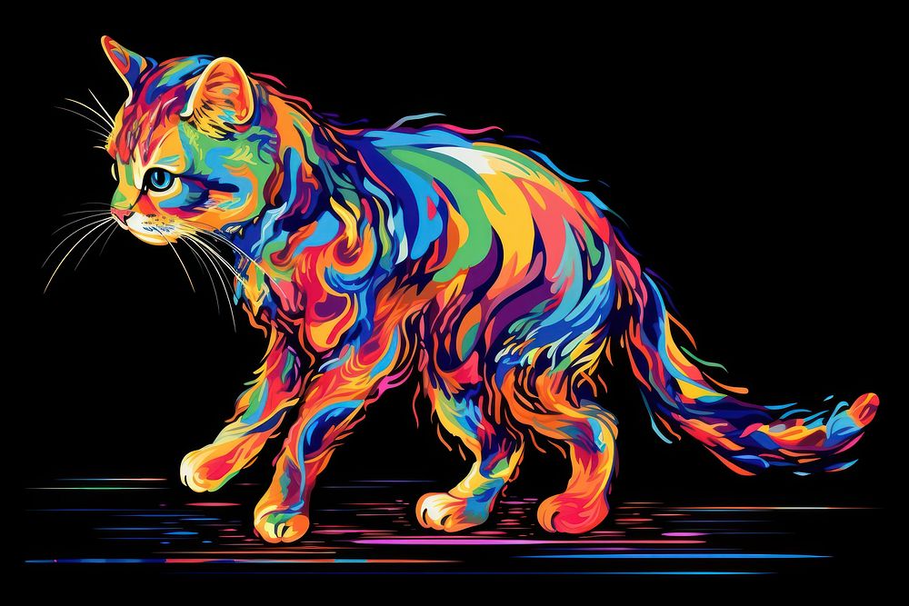 Cat walking on computer in the style of graphic novel graphics painting cartoon.