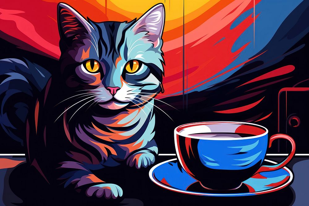 Cat with a coffee cup in coffee shop in the style of graphic novel art painting cartoon.