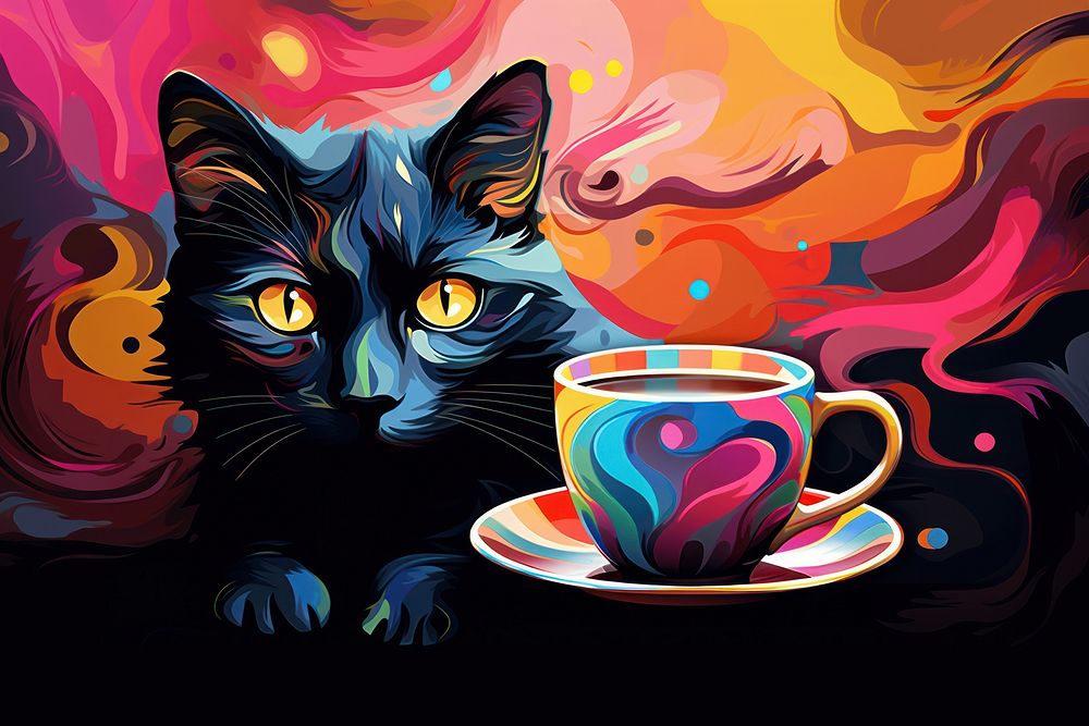 Cat with a coffee cup in coffee shop in the style of graphic novel painting art cartoon.