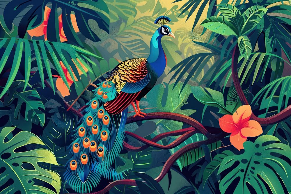 A tropical jungle with a peacock in the style of graphic novel outdoors tropics nature.