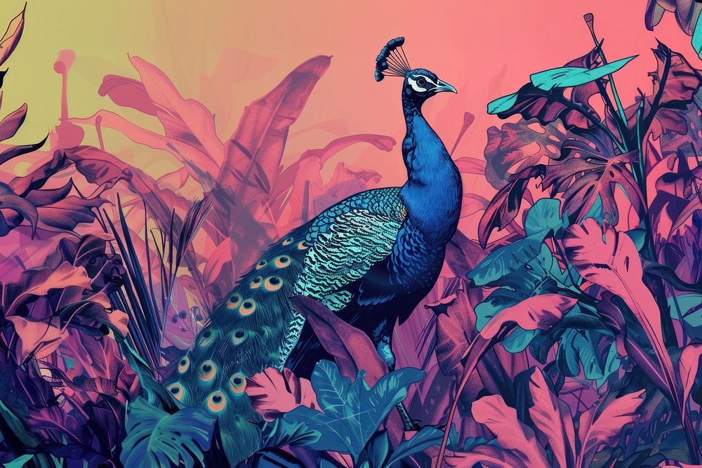 A tropical jungle with a peacock in the style of graphic novel animal plant bird.