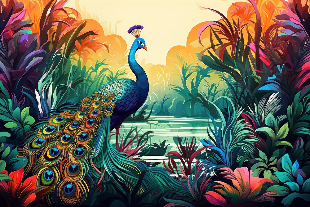 A tropical jungle with a peacock in the style of graphic novel painting outdoors cartoon.