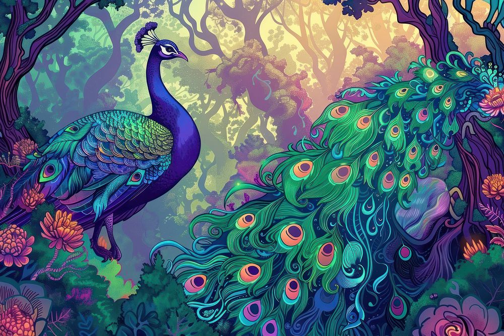A beautiful colorful peacock bird in a fantasy enchanted forest in the style of graphic novel cartoon plant backgrounds.