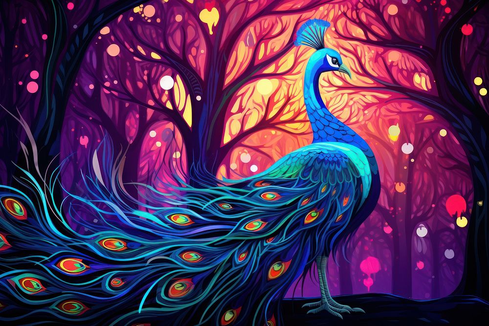 A beautiful colorful peacock bird in a fantasy enchanted forest in the style of graphic novel pattern art illuminated.