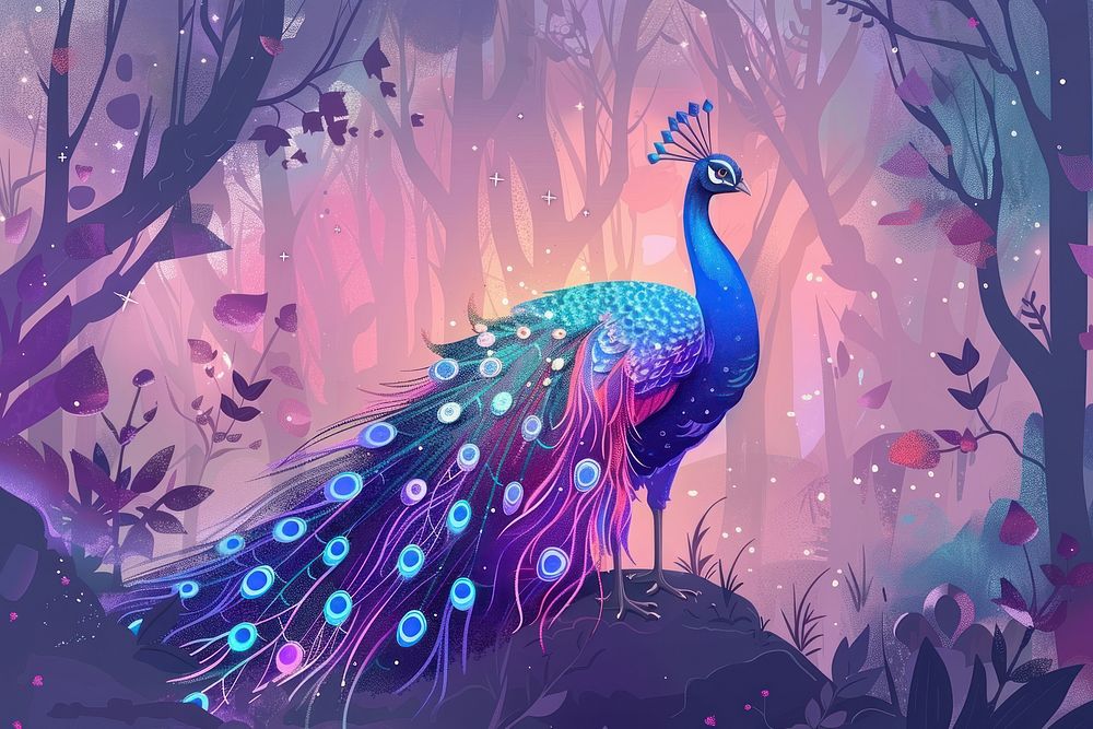 A beautiful colorful peacock bird in a fantasy enchanted forest in the style of graphic novel cartoon plant creativity.