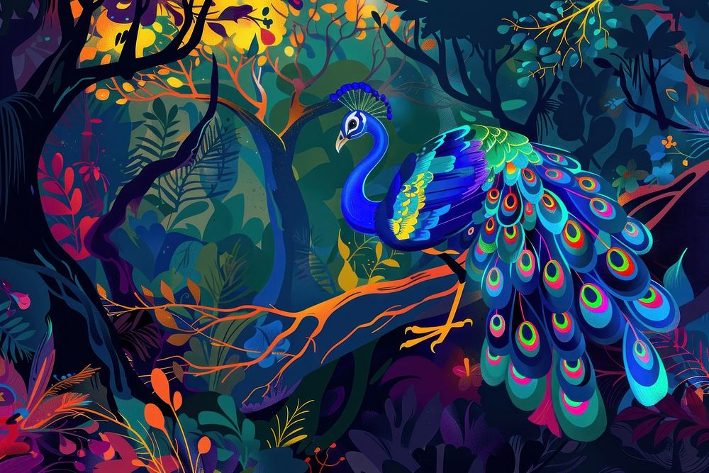 A beautiful colorful peacock bird in a fantasy enchanted forest in the style of graphic novel painting outdoors cartoon.