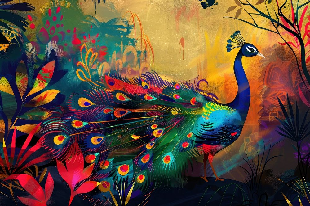 A beautiful colorful peacock bird in a fantasy enchanted forest in the style of graphic novel painting animal art.