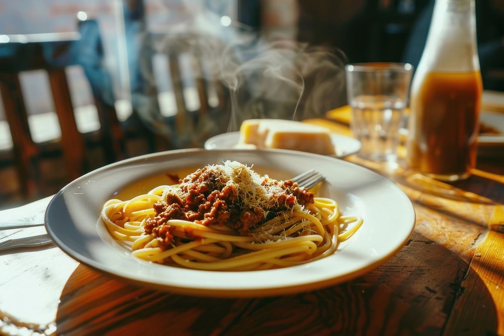 A plate of bolognese sauce with spaghetti pasta table food.