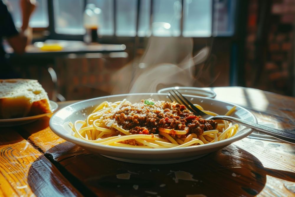 A plate of bolognese sauce with spaghetti table pasta food.