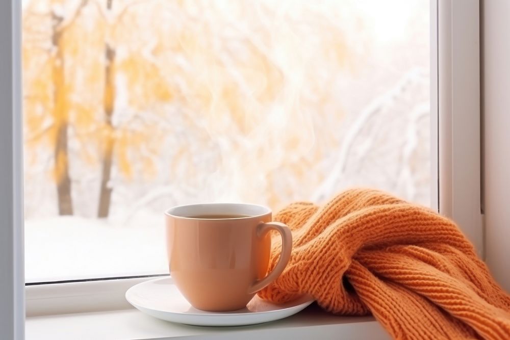 Winter windowsill cup coffee.
