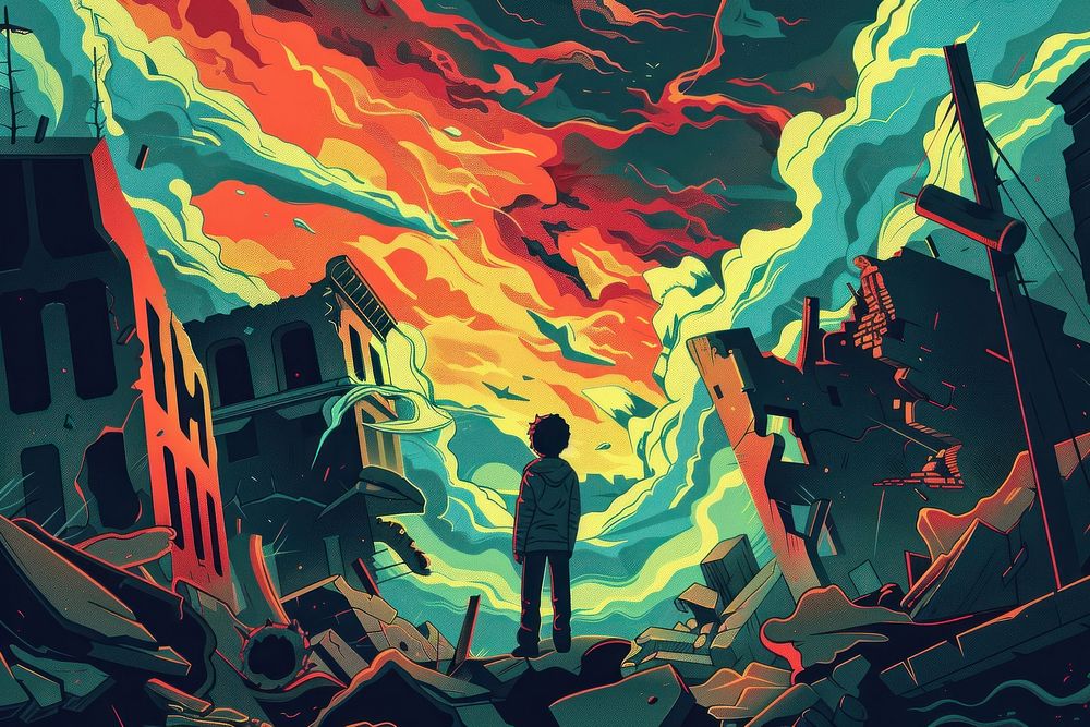 A kid standing over building ruins in the style of graphic novel painting cartoon poster.