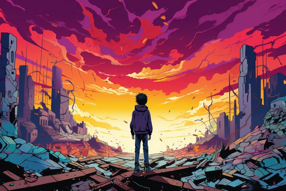 A kid standing over building ruins in the style of graphic novel cartoon poster anime.