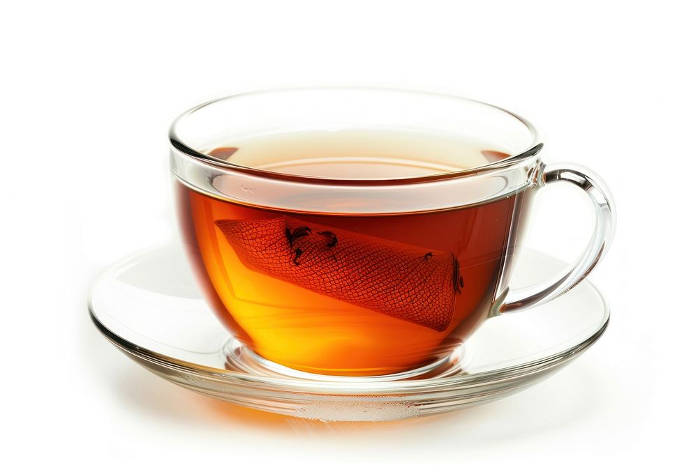 A cup of Hot tea saucer drink mug.
