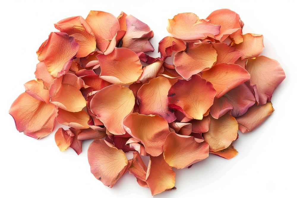 Rose petals arranged in heart shape flower plant white background.