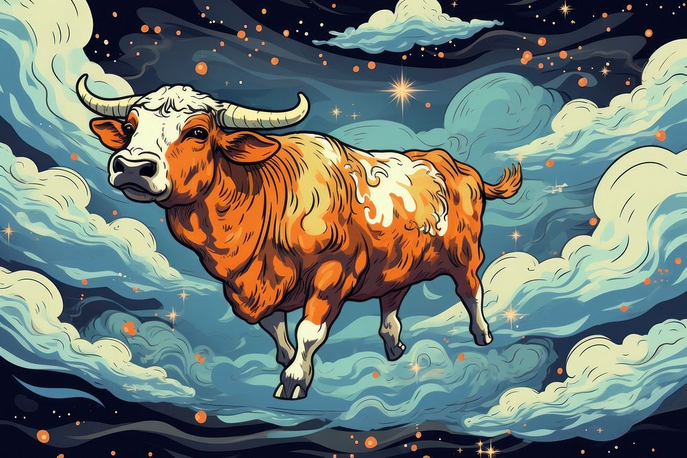 A super cow flying over clouds in the style of graphic novel livestock painting cartoon.