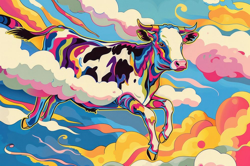 A super cow flying over clouds in the style of graphic novel painting art livestock.