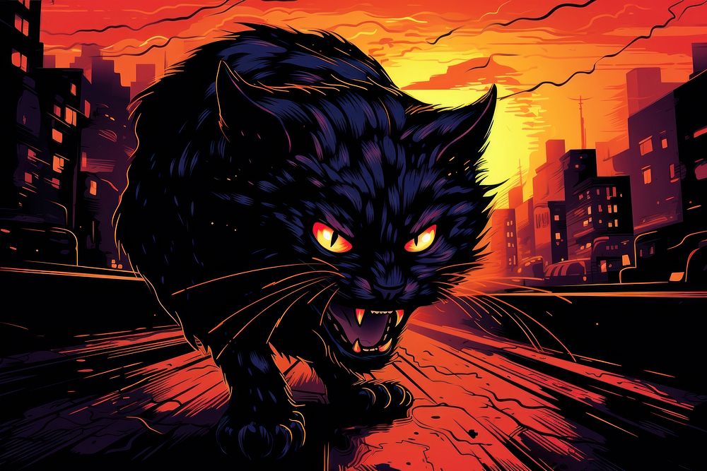 Angry black cat hissing at city street in the style of graphic novel cartoon animal mammal.