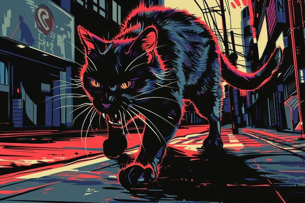 Angry black cat hissing at city street cartoon mammal animal.