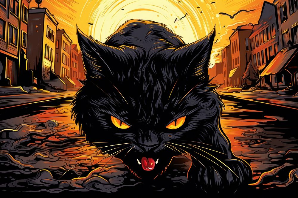 Angry black cat hissing at city street in the style of graphic novel cartoon animal mammal.