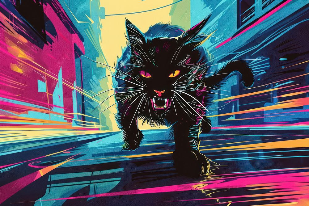 Angry black cat hissing at city street art graphics cartoon.