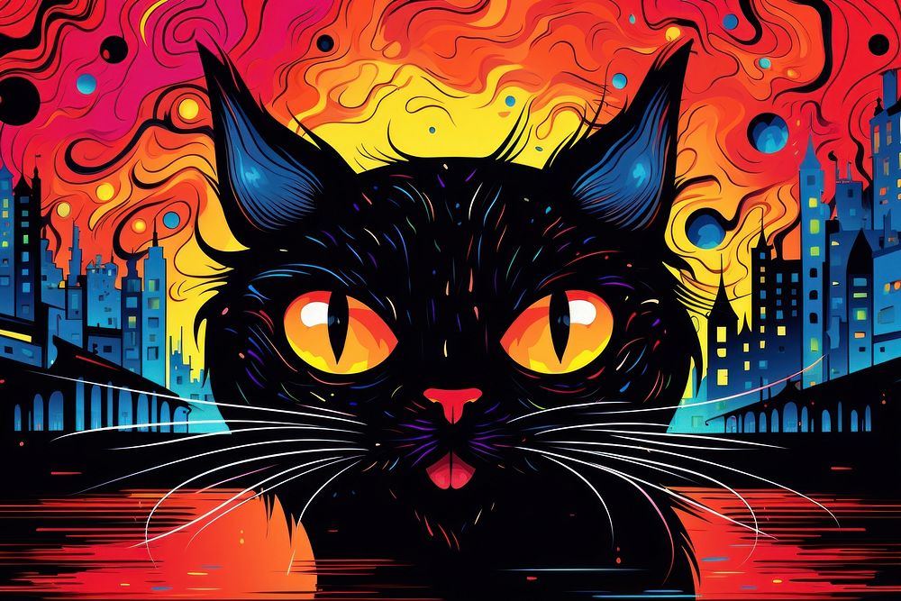 Angry black cat hissing at city street in the style of graphic novel graphics painting cartoon.