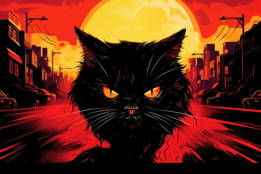 Angry black cat hissing at city street in the style of graphic novel cartoon mammal poster.