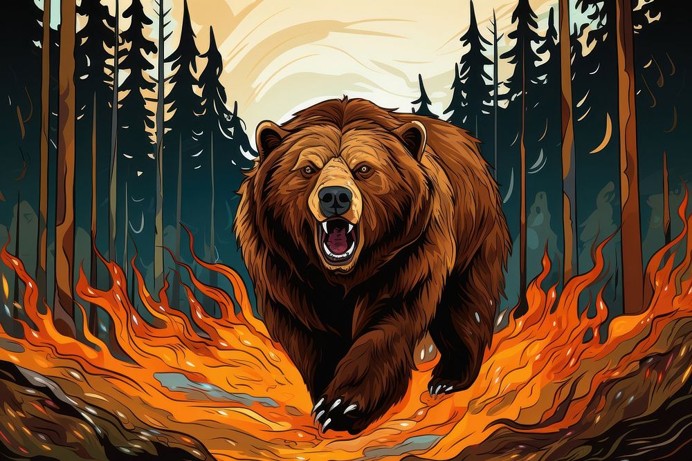 Angry running grizzly bear in the forest in the style of graphic novel cartoon mammal carnivora.