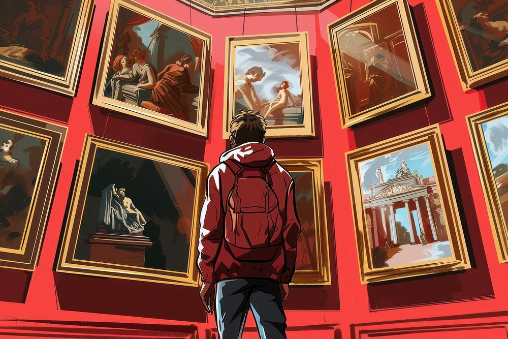Back of an adult person looking at renaissance style paintings in an old museum art gallery representation spirituality…