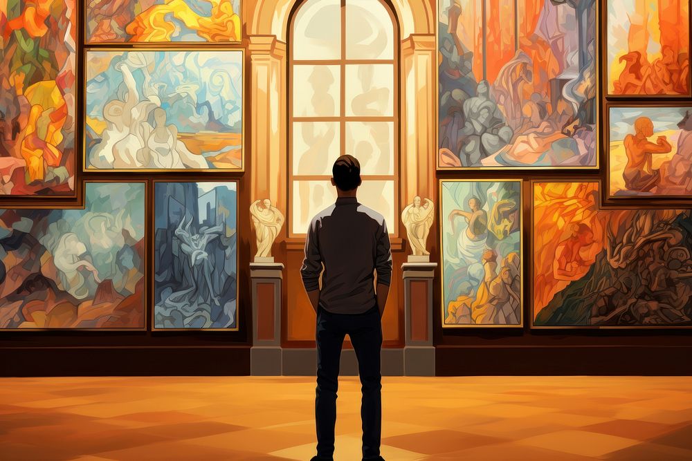 Back of an adult person looking at renaissance style paintings in an old museum art gallery cartoon architecture creativity.