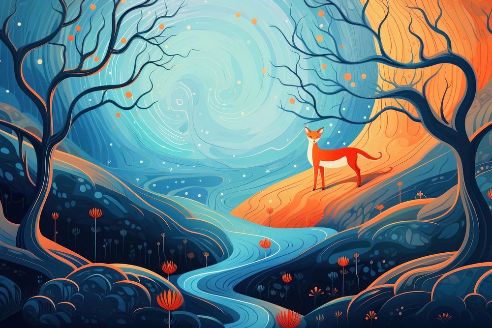 Beautiful mystical blue forest with enchanted trees and red fox on a hill in the style of graphic novel painting outdoors…