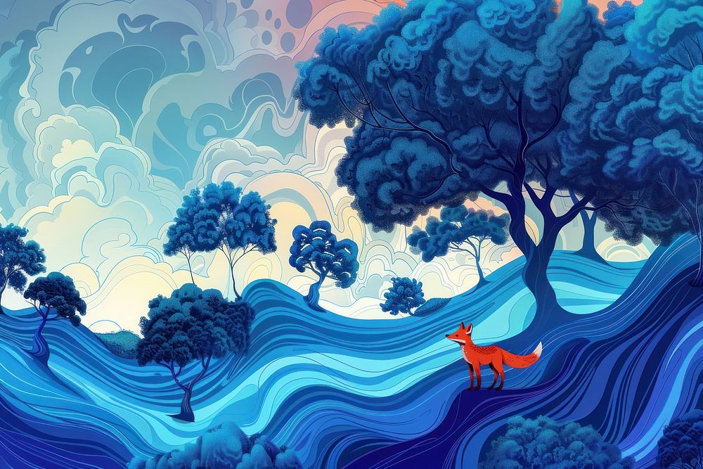 Beautiful mystical blue forest with enchanted trees and red fox on a hill in the style of graphic novel outdoors painting…