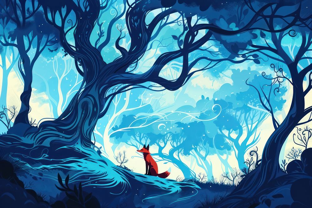 Beautiful mystical blue forest with enchanted trees and red fox on a hill in the style of graphic novel cartoon outdoors…